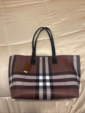 Burberry Medium Check Tote in Dark Birch Brown